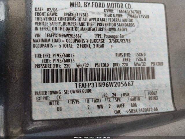 Продаж на аукціоні авто 2006 Ford Focus Zx3, vin: 1FAFP31N96W205667, номер лоту: 46013604