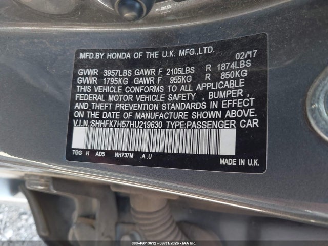 Продаж на аукціоні авто 2017 Honda Civic Ex, vin: SHHFK7H57HU219630, номер лоту: 46013612
