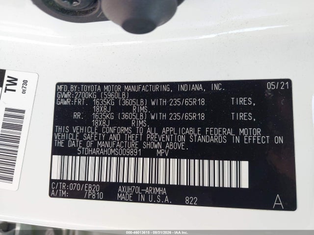 Продажа на аукционе авто 2021 Toyota Highlander Hybrid Xle, vin: 5TDHARAH0MS009891, номер лота: 46013615