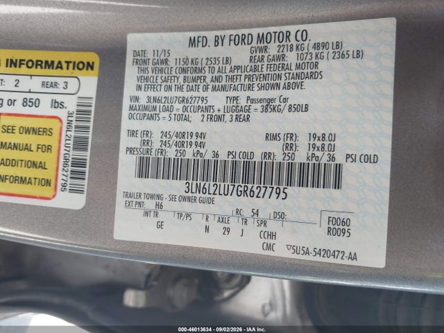 2016 Lincoln Mkz Hybrid მანქანა იყიდება აუქციონზე, vin: 3LN6L2LU7GR627795, აუქციონის ნომერი: 46013634