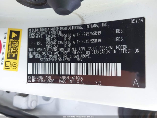 5TDDKRFH1ES044820 Toyota Highlander Limited Platinum V6