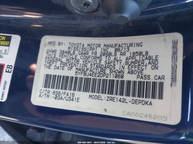 46013637 :رقم المزاد ، 5YFBU4EE2DP211060 vin ، 2013 Toyota Corolla L مزاد بيع