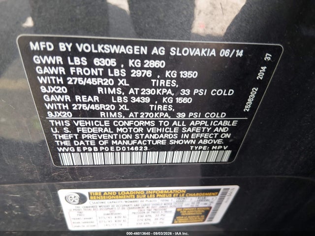 Aukcja sprzedaży 2014 Volkswagen Touareg Tdi Executive, vin: WVGEP9BP0ED014623, numer aukcji: 46013640