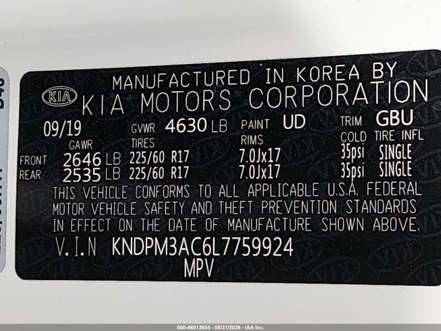 2020 Kia Sportage Lx მანქანა იყიდება აუქციონზე, vin: KNDPM3AC6L7759924, აუქციონის ნომერი: 46013654