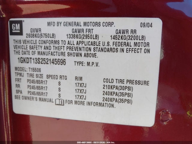 2005 Gmc Envoy Sle მანქანა იყიდება აუქციონზე, vin: 1GKDT13S252145696, აუქციონის ნომერი: 46013665