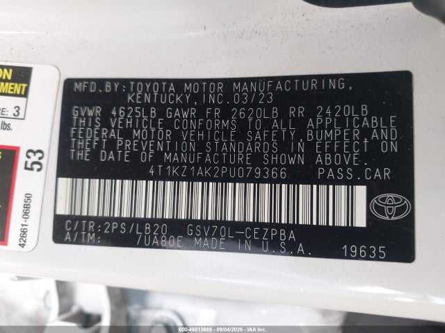46013666 :رقم المزاد ، 4T1KZ1AK2PU079366 vin ، 2023 Toyota Camry Xse V6 مزاد بيع