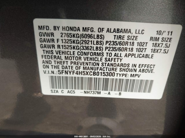 Продаж на аукціоні авто 2012 Honda Pilot Ex-l, vin: 5FNYF4H5XCB015300, номер лоту: 46013681