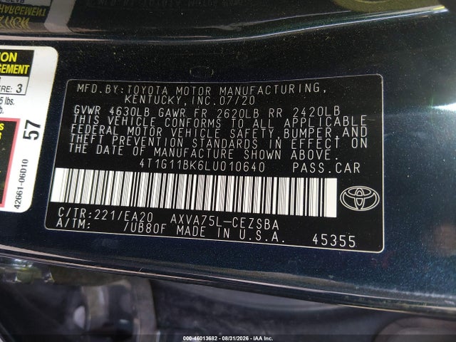 2020 Toyota Camry Se Awd მანქანა იყიდება აუქციონზე, vin: 4T1G11BK6LU010640, აუქციონის ნომერი: 46013682