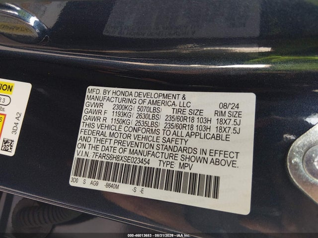 2025 Honda Cr-v Hybrid Sport-l მანქანა იყიდება აუქციონზე, vin: 7FARS6H8XSE023454, აუქციონის ნომერი: 46013683