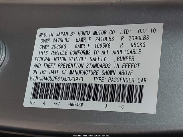 Aukcja sprzedaży 2010 Acura Tsx 2.4, vin: JH4CU2F61AC023973, numer aukcji: 46013685