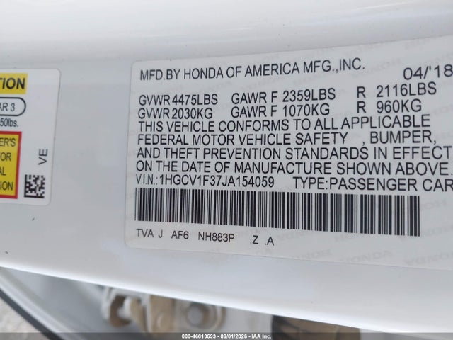 46013693 :رقم المزاد ، 1HGCV1F37JA154059 vin ، 2018 Honda Accord Sport مزاد بيع