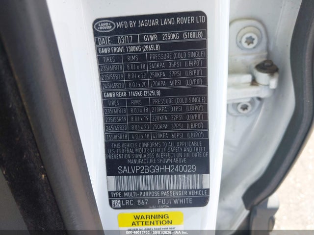 Aukcja sprzedaży 2017 Land Rover Range Rover Evoque Se/se Premium, vin: SALVP2BG9HH240029, numer aukcji: 46013703