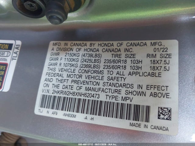 46013712 :رقم المزاد ، 2HKRW2H8XNH620473 vin ، 2022 Honda Cr-v Awd Ex-l مزاد بيع