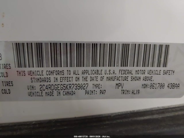 46013720 :رقم المزاد ، 2C4RDGEG5KR739027 vin ، 2019 Dodge Grand Caravan Gt مزاد بيع