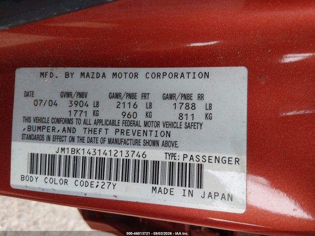 Aukcja sprzedaży 2004 Mazda Mazda3 S, vin: JM1BK143141213746, numer aukcji: 46013721