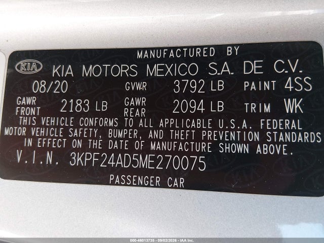 Aukcja sprzedaży 2021 Kia Forte Lxs, vin: 3KPF24AD5ME270075, numer aukcji: 46013735