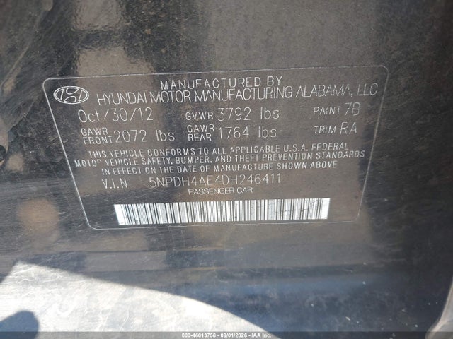 Продаж на аукціоні авто 2013 Hyundai Elantra Gls, vin: 5NPDH4AE4DH246411, номер лоту: 46013758