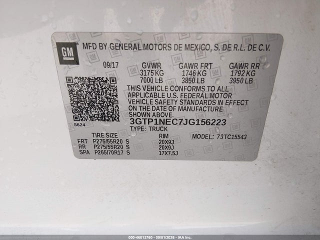 Aukcja sprzedaży 2018 Gmc Sierra 1500 Slt, vin: 3GTP1NEC7JG156223, numer aukcji: 46013760