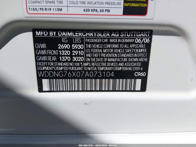 Продаж на аукціоні авто 2007 Mercedes-benz S 600, vin: WDDNG76X07A073104, номер лоту: 46013761