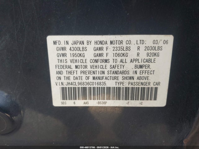 2006 Acura Tsx მანქანა იყიდება აუქციონზე, vin: JH4CL96836C016835, აუქციონის ნომერი: 46013766