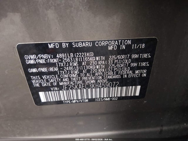 Aukcja sprzedaży 2019 Subaru Forester Premium, vin: JF2SKAEC3KH459072, numer aukcji: 46013770