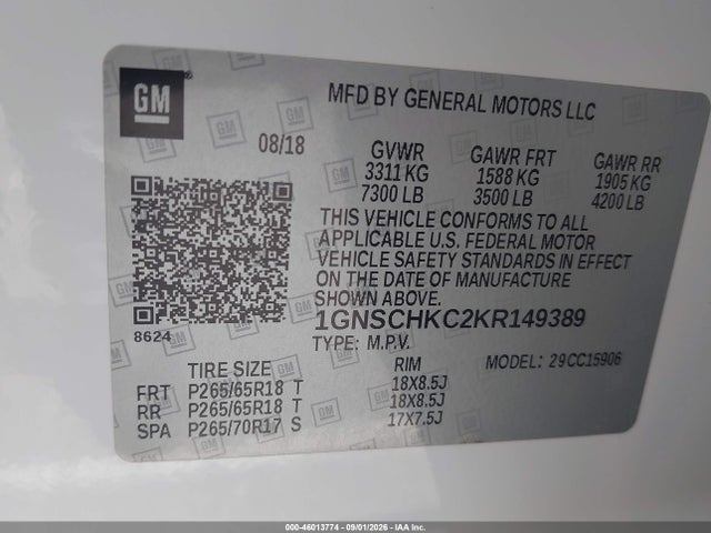 Продажа на аукционе авто 2019 Chevrolet Suburban Lt, vin: 1GNSCHKC2KR149389, номер лота: 46013774