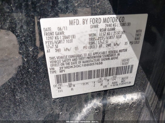 Продажа на аукционе авто 2011 Ford Edge Se, vin: 2FMDK3GC1BBB57658, номер лота: 46013781