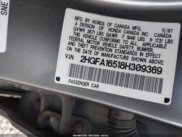 46013790 :رقم المزاد ، 2HGFA16518H309369 vin ، 2008 Honda Civic Lx مزاد بيع