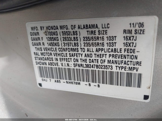 46013794 :رقم المزاد ، 5FNRL38247B023573 vin ، 2007 Honda Odyssey Lx مزاد بيع