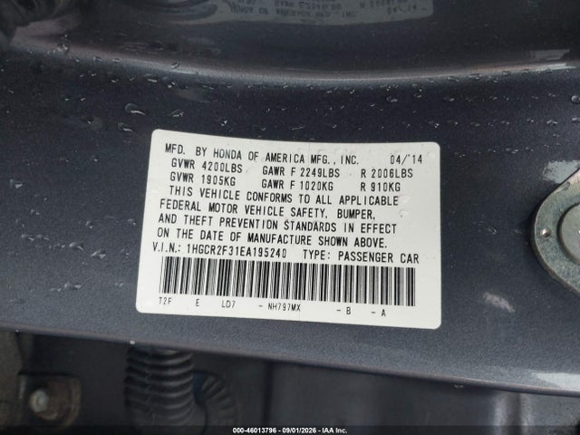 46013796 :رقم المزاد ، 1HGCR2F31EA195240 vin ، 2014 Honda Accord Lx مزاد بيع