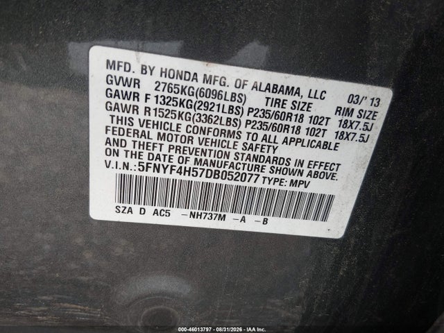 46013797 :رقم المزاد ، 5FNYF4H57DB052077 vin ، 2013 Honda Pilot Ex-l مزاد بيع