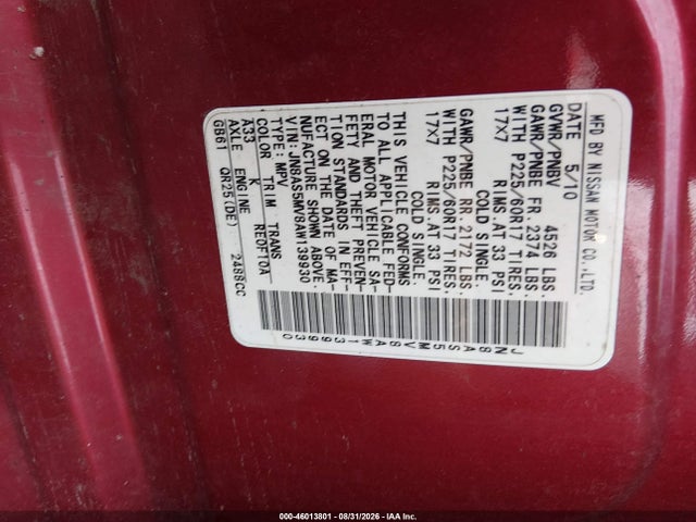 46013801 :رقم المزاد ، JN8AS5MV8AW139930 vin ، 2010 Nissan Rogue Sl مزاد بيع