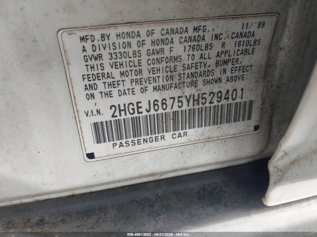 46013802 :رقم المزاد ، 2HGEJ6675YH529401 vin ، 2000 Honda Civic Lx مزاد بيع