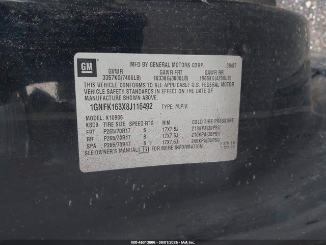 Продажа на аукционе авто 2008 Chevrolet Suburban 1500 Lt, vin: 1GNFK163X8J116492, номер лота: 46013806