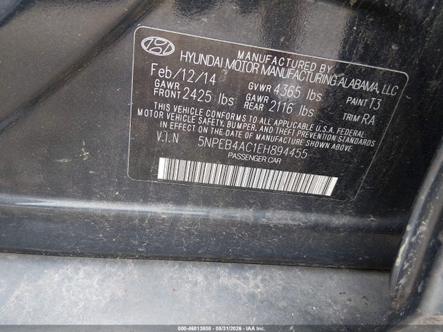 Продажа на аукционе авто 2014 Hyundai Sonata Gls, vin: 5NPEB4AC1EH894455, номер лота: 46013808