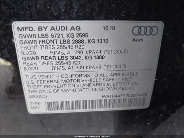 46013829 :رقم المزاد ، WA1B4AFY2K2004455 vin ، 2019 Audi Sq5 3.0t Premium مزاد بيع