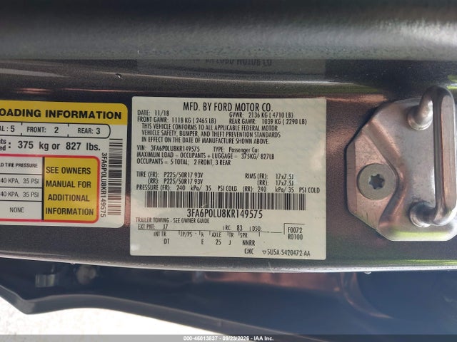 Продаж на аукціоні авто 2019 Ford Fusion Hybrid Se, vin: 3FA6P0LU8KR149575, номер лоту: 46013837