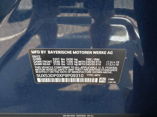 Продаж на аукціоні авто 2023 Bmw X3 Xdrive30i, vin: 5UX53DP0XP9P09310, номер лоту: 46013839