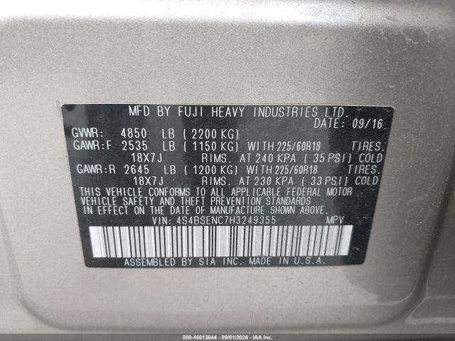 2017 Subaru Outback 3.6r Limited მანქანა იყიდება აუქციონზე, vin: 4S4BSENC7H3249355, აუქციონის ნომერი: 46013844