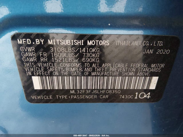 2020 Mitsubishi Mirage G4 Es მანქანა იყიდება აუქციონზე, vin: ML32F3FJ6LHF08350, აუქციონის ნომერი: 46013847