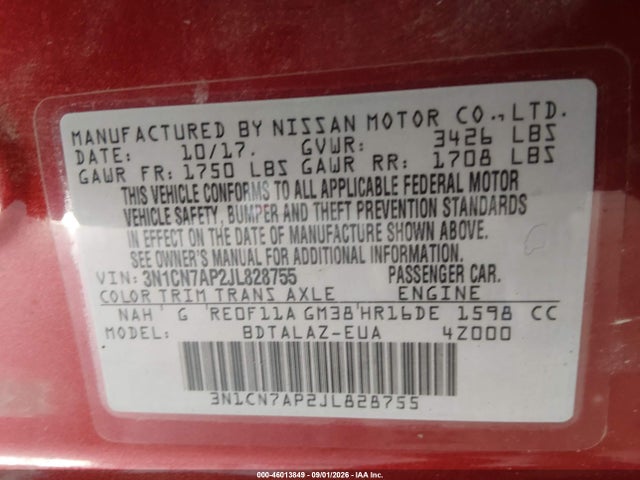 Aukcja sprzedaży 2018 Nissan Versa 1.6 S+, vin: 3N1CN7AP2JL828755, numer aukcji: 46013849