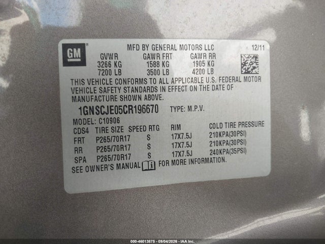 Продаж на аукціоні авто 2012 Chevrolet Suburban Lt, vin: 1GNSCJE05CR196670, номер лоту: 46013875
