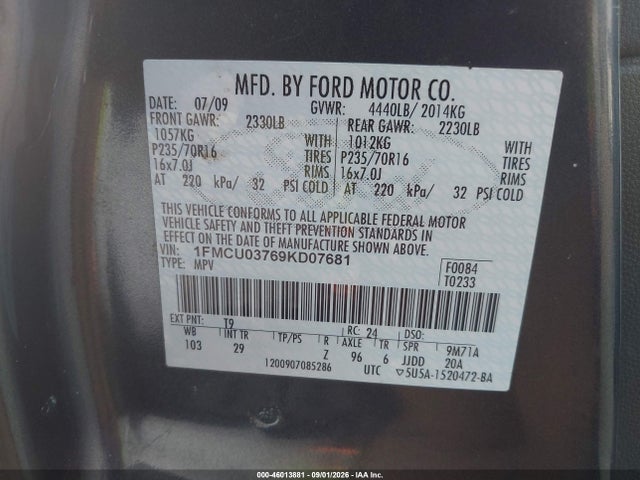 Продаж на аукціоні авто 2009 Ford Escape Xlt, vin: 1FMCU03769KD07681, номер лоту: 46013881