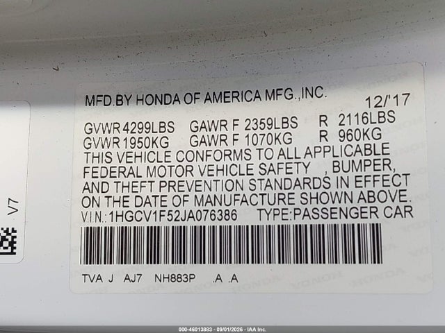 Auction sale of the 2018 Honda Accord Ex-l, vin: 1HGCV1F52JA076386, lot number: 46013883