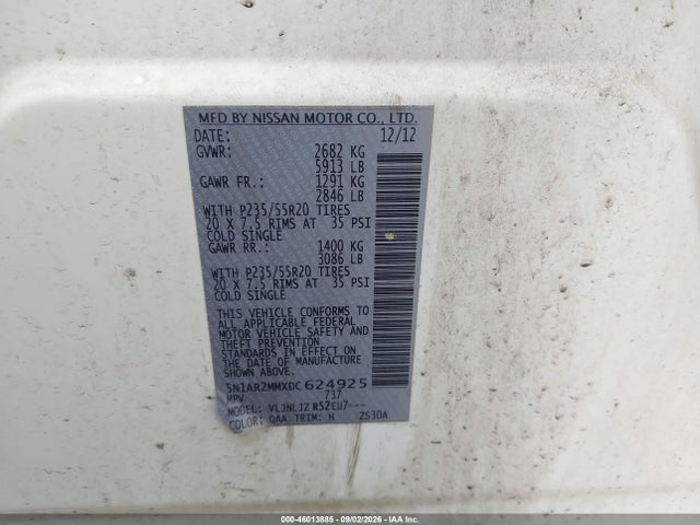 Продажа на аукционе авто 2013 Nissan Pathfinder Platinum, vin: 5N1AR2MMXDC624925, номер лота: 46013885