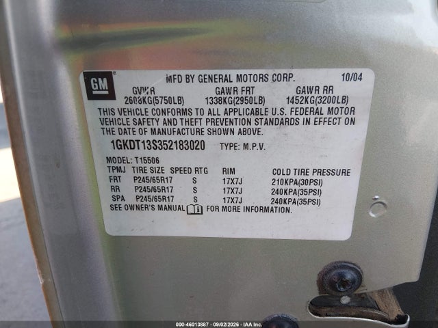 Продажа на аукционе авто 2005 Gmc Envoy Sle, vin: 1GKDT13S352183020, номер лота: 46013887