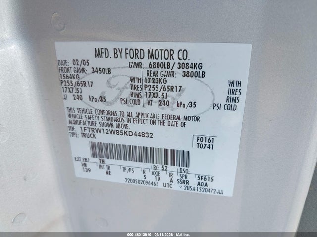 2005 Ford F-150 Xlt მანქანა იყიდება აუქციონზე, vin: 1FTRW12W85KD44832, აუქციონის ნომერი: 46013910