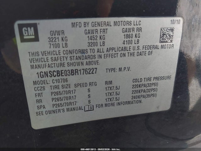 46013913 :رقم المزاد ، 1GNSCBE03BR176227 vin ، 2011 Chevrolet Tahoe Lt مزاد بيع