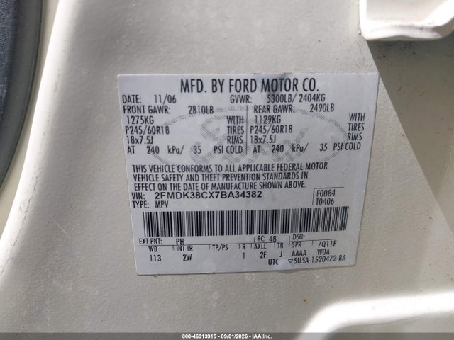 46013915 :رقم المزاد ، 2FMDK38CX7BA34382 vin ، 2007 Ford Edge Sel مزاد بيع