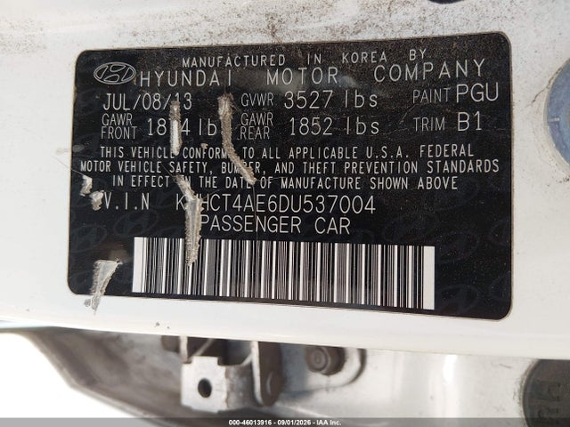 46013916 :رقم المزاد ، KMHCT4AE6DU537004 vin ، 2013 Hyundai Accent Gls مزاد بيع